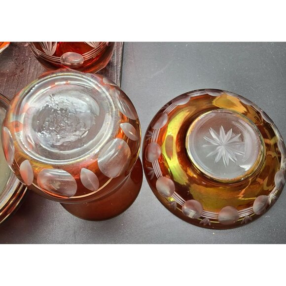 Vintage Amber Red Gold Etched Glass Turkish Tea Set With Saucers Set of 4+ HS248 - Picture 8 of 9